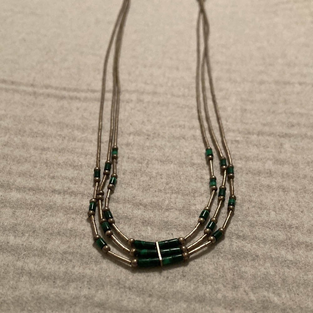 Vintage Southwestern Liquid Sterling Silver Beaded Necklace Malachite - Picture 2 of 4